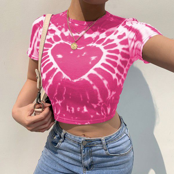 2021 spring foreign trade European and American style women's clothing personalized street love printing tie dyeing sexy navel exposed long sleeved T-shirt 