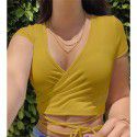 Cross border supply 2021 summer European and American new women's clothing independent station fashion sexy solid color V-neck short sleeve bandage small T-shirt 