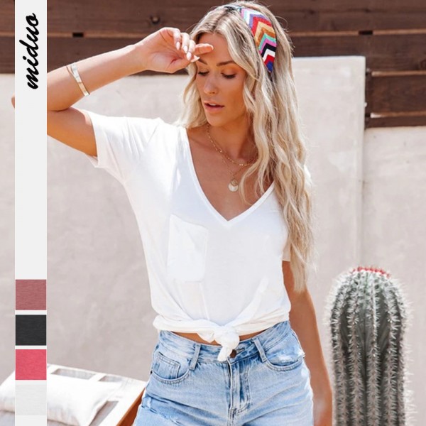 Amazon new solid color V-neck European and American fashion women's short sleeved T-shirt summer loose casual coat spot wholesale 