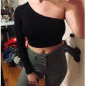 2021 cross border European and American Express 2020 new women's one shoulder long sleeve hollow out sexy navel top T-shirt 