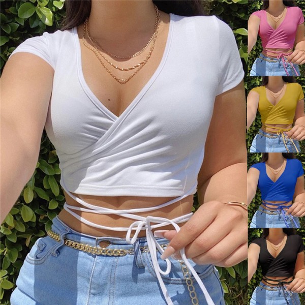 Cross border supply 2021 summer European and American new women's clothing independent station fashion sexy solid color V-neck short sleeve bandage small T-shirt 