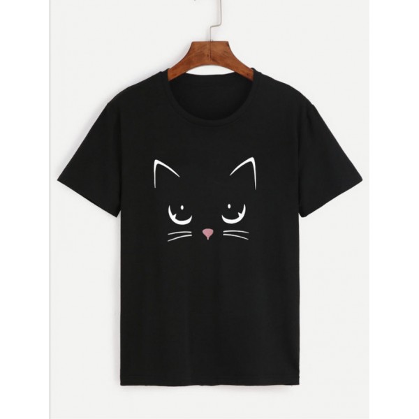 Amazon eBay European and American women's fashion pop cat printed short sleeved shirt manufacturer direct selling and wholesale 