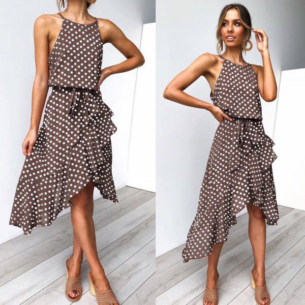 Express Amazon popular in Europe and America 2018 summer fashion wave point lace up irregular dress women's wear 