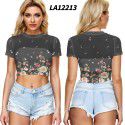 2021 New Amazon Women's cross border summer navel exposed mesh sexy short sleeve T-shirt round neck Pullover Europe and the United States 