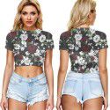 2021 New Amazon Women's cross border summer navel exposed mesh sexy short sleeve T-shirt round neck Pullover Europe and the United States 