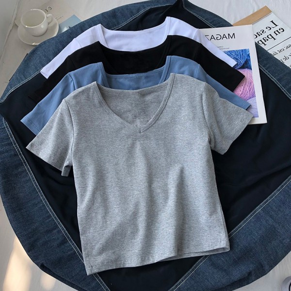 2022 European and American foreign trade women's cross-border New Amazon popular solid color V-neck short sleeve T-shirt women's summer short top 