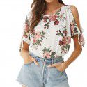 European and American summer flower printing casual off shoulder chiffon short sleeve women's T-shirt eaby express hot spot