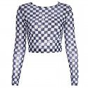 Europe and the United States 2020 spring and autumn popular women's clothing express cross-border black and white lattice round neck yarn net perspective long sleeve T-shirt women