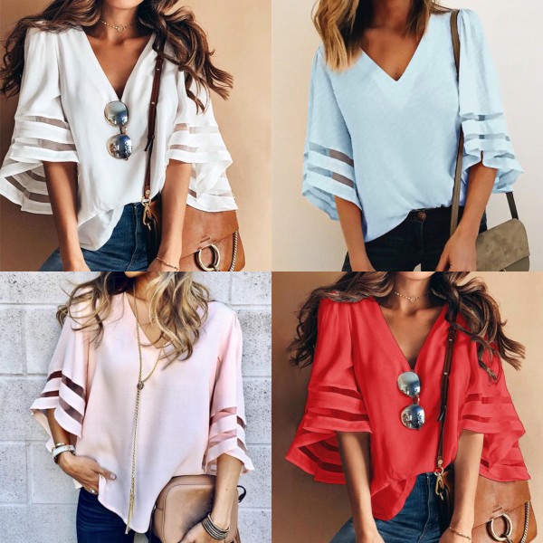 Amazon spring and summer new women's clothing express wish European and American loose large mesh splicing top 7057 