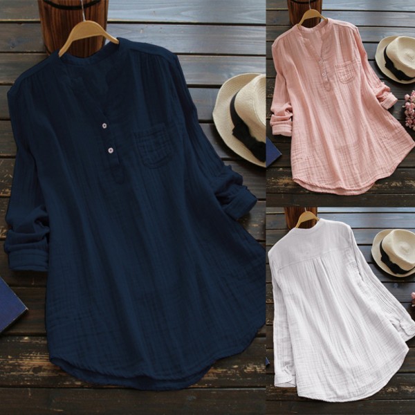 Amazon Europe and the United States new pure color versatile long sleeve stand collar Long Shirt Top 