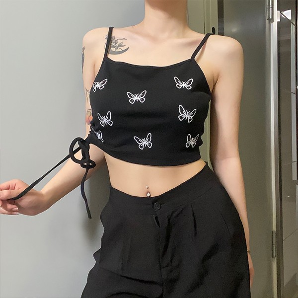 Ins suspender vest women's 2020 summer European and American style new butterfly print exposed umbilical strap drawstring bottomed top 