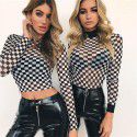Europe and the United States 2020 spring and autumn popular women's clothing express cross-border black and white lattice round neck yarn net perspective long sleeve T-shirt women