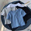 2022 European and American foreign trade women's cross-border New Amazon popular solid color V-neck short sleeve T-shirt women's summer short top 