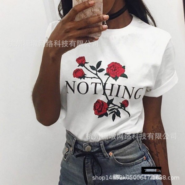 2022 Amazon independent station women's English alphabet rose printed loose T-shirt stall stock clearance 