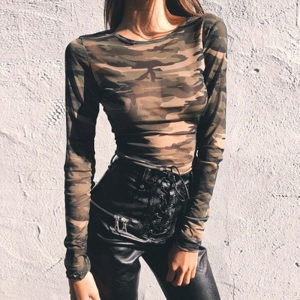 European and American women's wear ins style 2020 New Amazon foreign trade cross-border short top exposed navel perspective camouflage T-shirt 