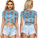 2021 New Amazon Women's cross border summer navel exposed mesh sexy short sleeve T-shirt round neck Pullover Europe and the United States 
