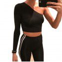 2021 cross border European and American Express 2020 new women's one shoulder long sleeve hollow out sexy navel top T-shirt 