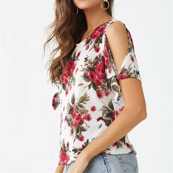 European and American summer flower printing casual off shoulder chiffon short sleeve women's T-shirt eaby express hot spot
