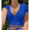 Cross border supply 2021 summer European and American new women's clothing independent station fashion sexy solid color V-neck short sleeve bandage small T-shirt 