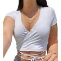 Cross border supply 2021 summer European and American new women's clothing independent station fashion sexy solid color V-neck short sleeve bandage small T-shirt 