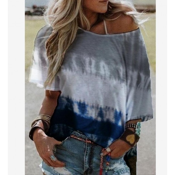 2021 European and American cross border women's clothing Amazon wish summer print gradient bat sleeve off shoulder short sleeve T-shirt 