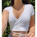 Cross border supply 2021 summer European and American new women's clothing independent station fashion sexy solid color V-neck short sleeve bandage small T-shirt 