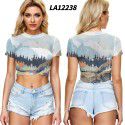 2021 New Amazon Women's cross border summer navel exposed mesh sexy short sleeve T-shirt round neck Pullover Europe and the United States 