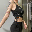Ins suspender vest women's 2020 summer European and American style new butterfly print exposed umbilical strap drawstring bottomed top 