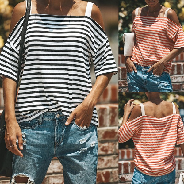 Foreign trade explosive eBay express Amazon wish European and American explosive striped short sleeved off shoulder top