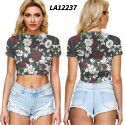 2021 New Amazon Women's cross border summer navel exposed mesh sexy short sleeve T-shirt round neck Pullover Europe and the United States 