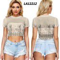 2021 New Amazon Women's cross border summer navel exposed mesh sexy short sleeve T-shirt round neck Pullover Europe and the United States 